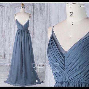 Steel Blue V Neck Chiffon Formal Dress